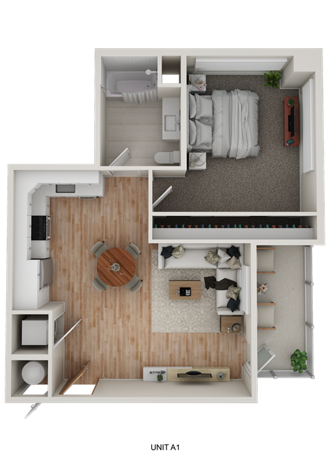 Floor plan for 1 bed, 1 bath, 672 sqft